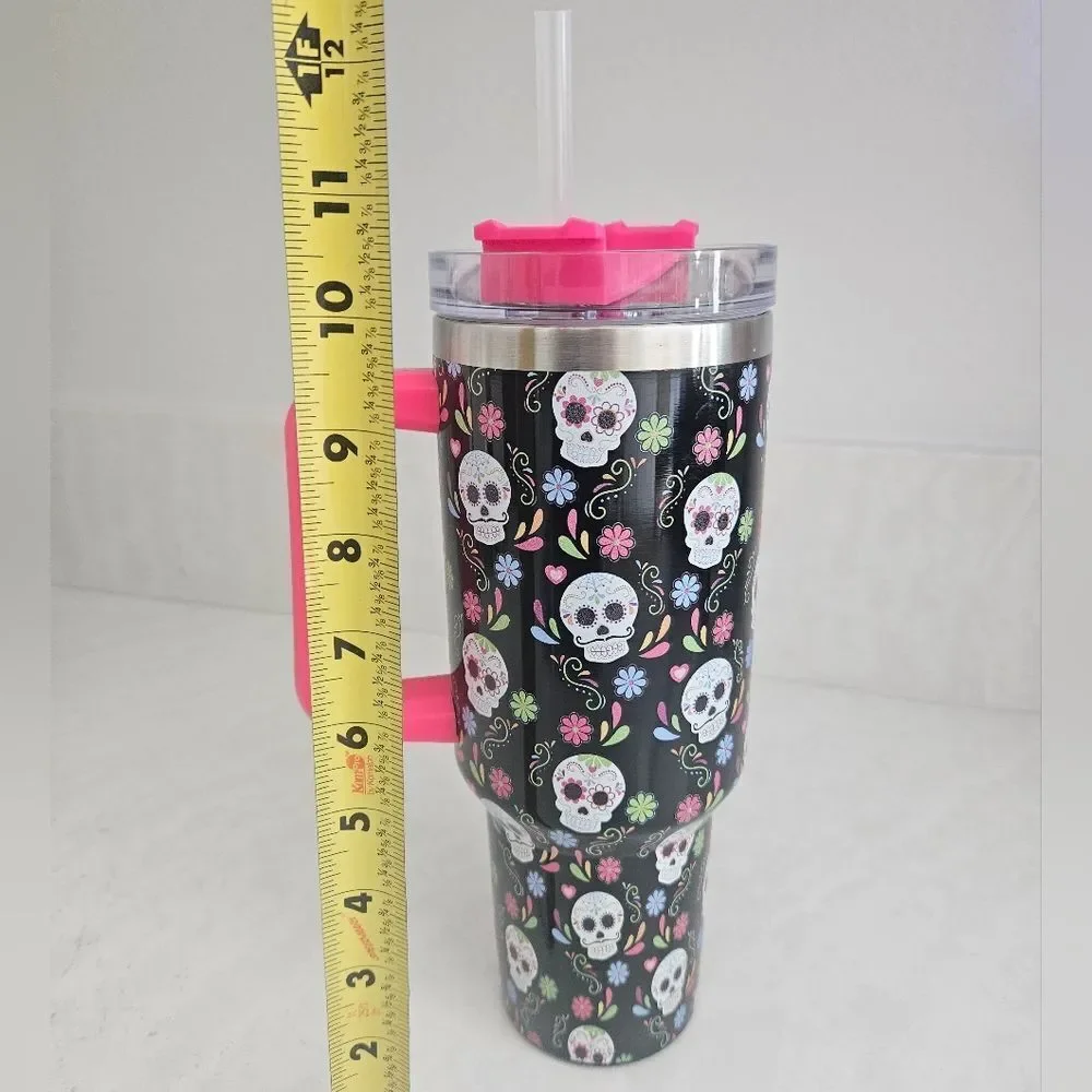 Kirklands Day Of The Dead Floral Travel Tumbler with Pink Handle